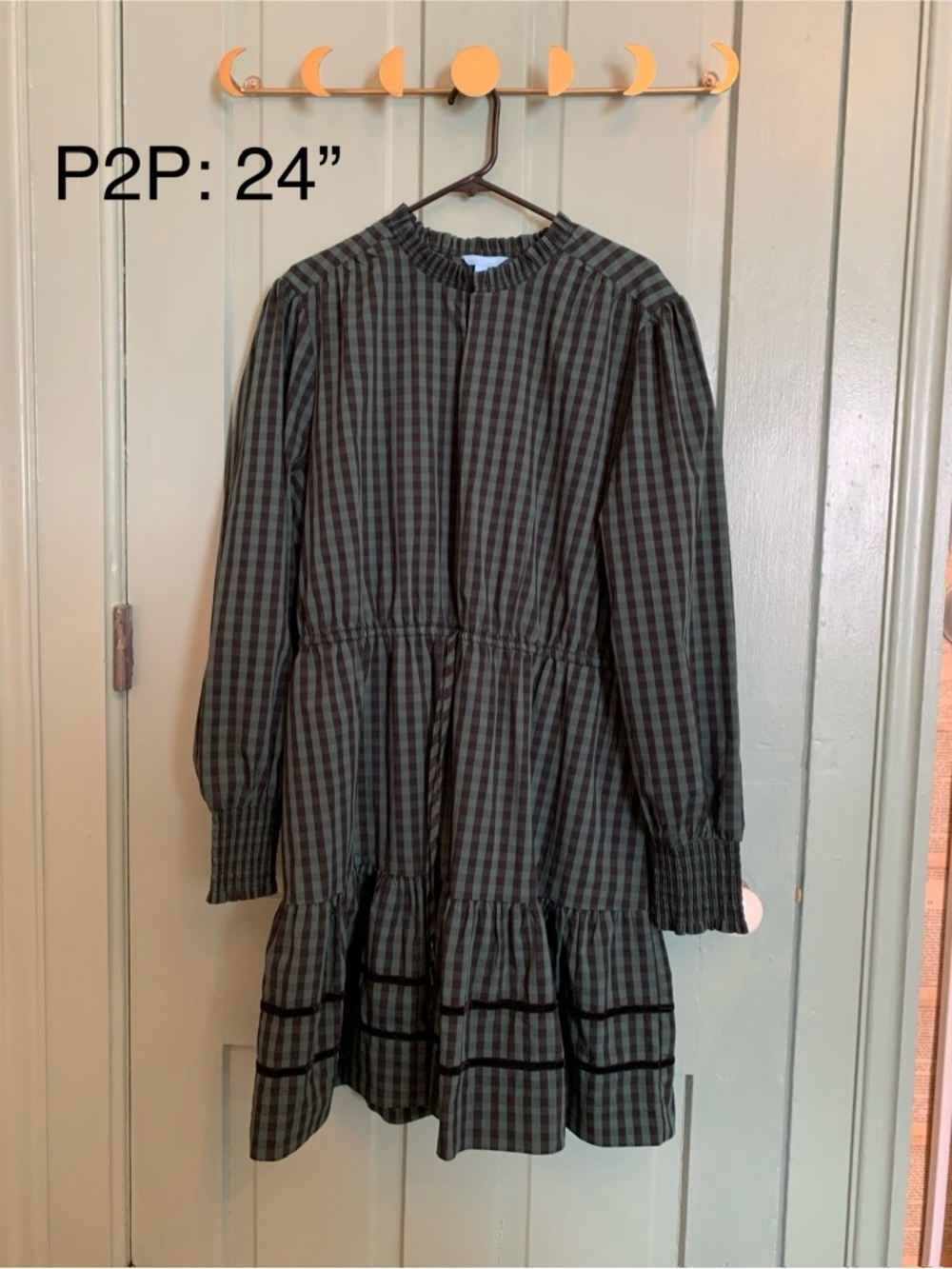 Gingham Tiered Long Sleeve Dress in Black & Forest Green